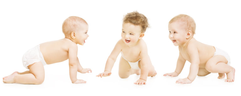 Baby Group Crawling In Diaper, Toddler Children Happy Smiling